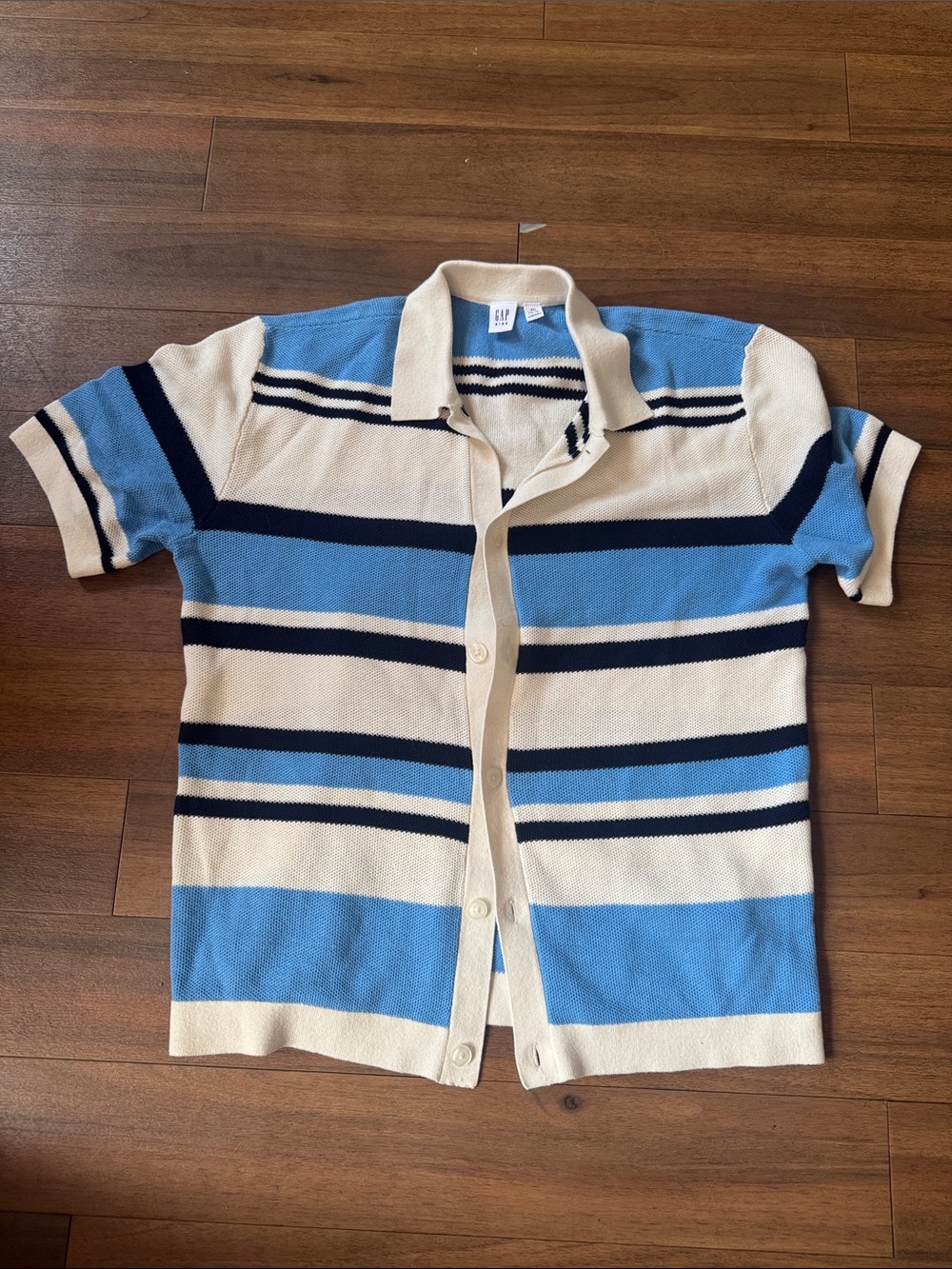 GAP Striped Short-Sleeve Knit Button-Up Polo in Blue, Navy & Cream